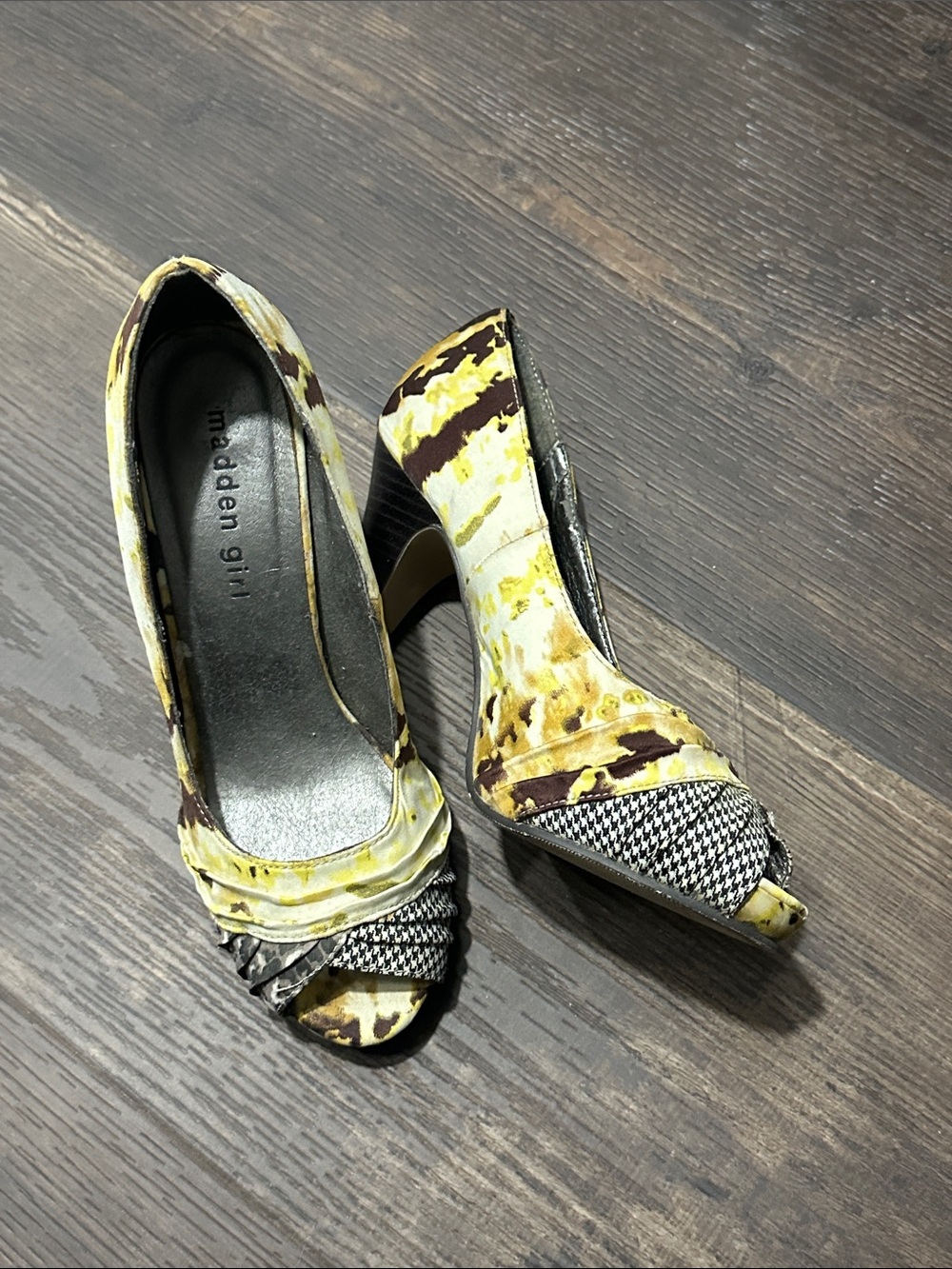 Madden Girl Yellow Multi-Pattern Peep-Toe Heels